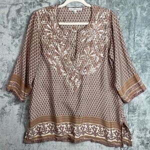 Gretchen Scott Tunic Top Womens Medium Brown Embroidered Split Neck Silk Blend